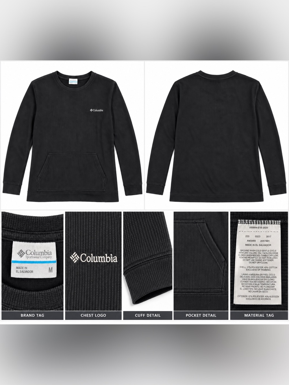 Columbia Women’s Medium Black Waffle Knit Crewneck Pullover Sweatshirt Pocket